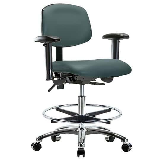 Cole-Parmer Cleanroom Ergonomic Chair, Vinyl, Bench Height, Blue,  Adjustable Arms, Chrome Casters, Chrome Foot Ring
