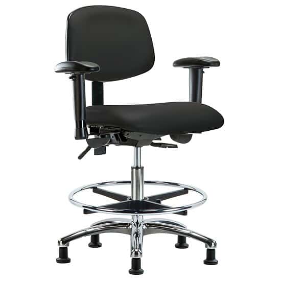 Cole-Parmer Cleanroom ESD Ergonomic Chair, Vinyl, Bench Height, Black, Adjustable Arms, Chrome Casters, Chrome Foot Ring