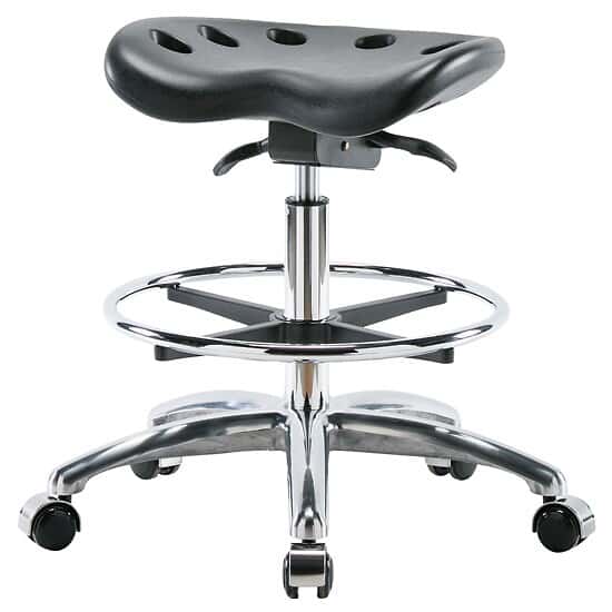 Cole-Parmer Sit-Stand Stool, Polyurethane, Bench Height, Black, Chrome Casters, Chrome Foot Ring