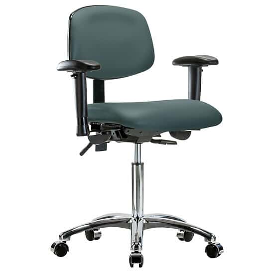Cole-Parmer Ergonomic Chair, Vinyl, Bench Height, Blue, Adjustable Arms, Chrome Casters, No Foot Ring
