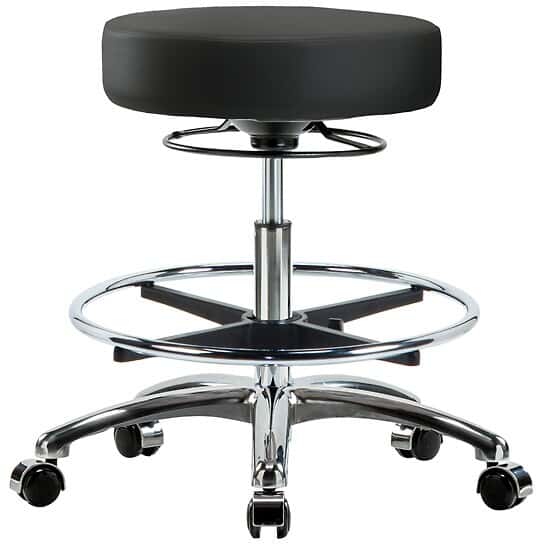 Cole-Parmer Ergonomic Stool, Vinyl, Bench Height, Black, Chrome Casters, Chrome Foot Ring
