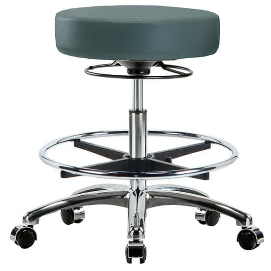 Cole-Parmer Ergonomic Stool, Vinyl, Bench Height, Blue, Chrome Casters, Chrome Foot Ring