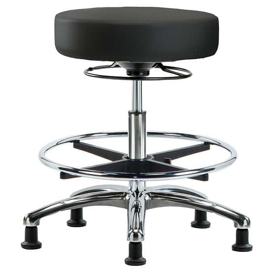 Cole-Parmer Ergonomic Stool, Vinyl, Bench Height, Black, Gliders, Chrome Foot Ring