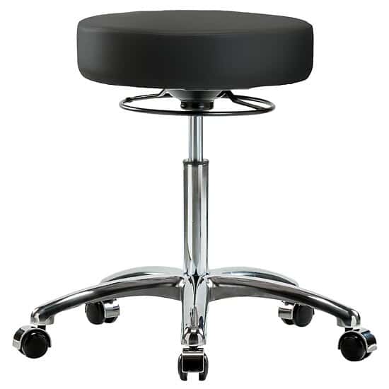 Cole-Parmer Ergonomic Stool, Vinyl, Bench Height, Black, Chrome Casters, No Foot Ring