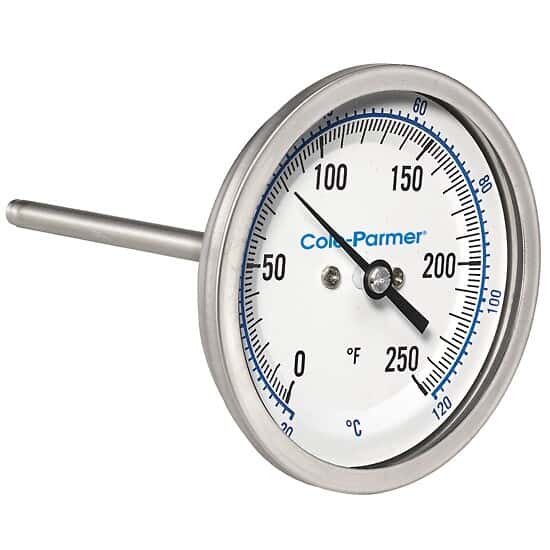 Cole-Parmer Industrial Bimetal Thermometer, 3” Dial, Back Connect,  6” Stem, 0/250F & -20/120C