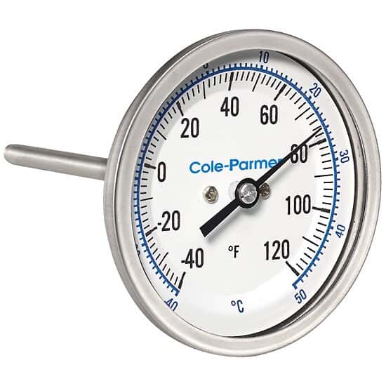 Cole-Parmer Industrial Bimetal Thermometer, 3” Dial, Back Connect,  9” Stem, -40/120F & -40/50C
