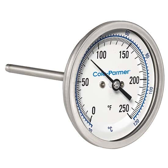 Cole-Parmer Industrial Silicone-Filled Bimetal Thermometer, 3” Dial, Back Connection, 6” Stem, 0/250F & -20/120C