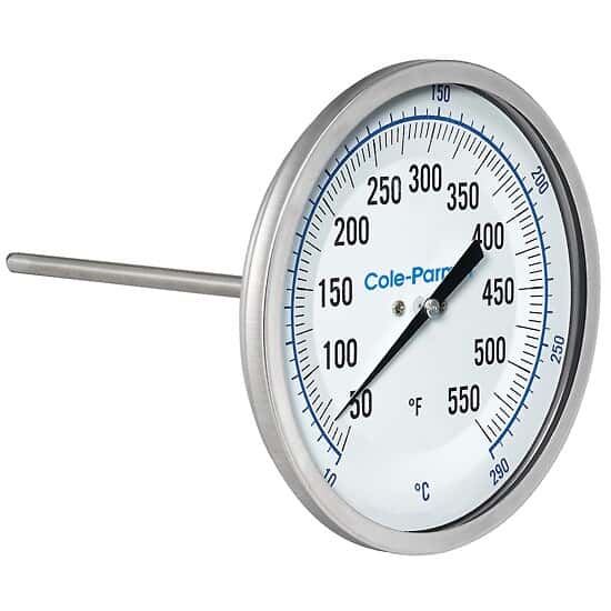 Cole-Parmer Industrial Silicone-Filled Bimetal Thermometer, 3” Dial, Back Connection, 4” Stem, 50/550F & 10/290C