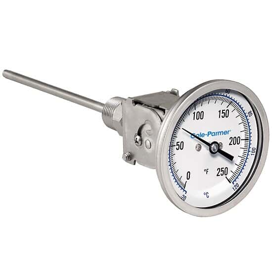 Cole-Parmer Industrial Bimetal Thermometer, 3” Dial, Adjustable Angle, 9” Stem, 0-250°F (-20-120°C)