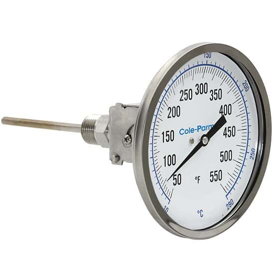 Cole-Parmer Industrial Bimetal Thermometer, 3” Dial, Adjustable Angle, 12” Stem, 50-550°F (10-290°C)