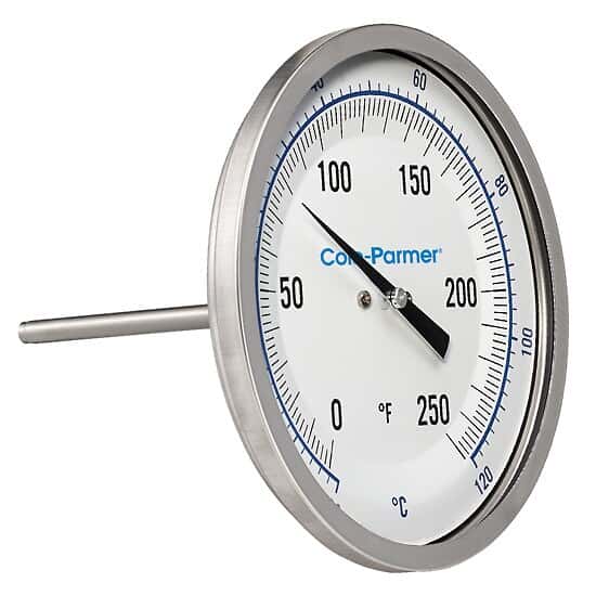 Cole-Parmer Industrial Bimetal Thermometer, 5” Dial, Back Connect,  12” Stem, 0/250F & -20/120C