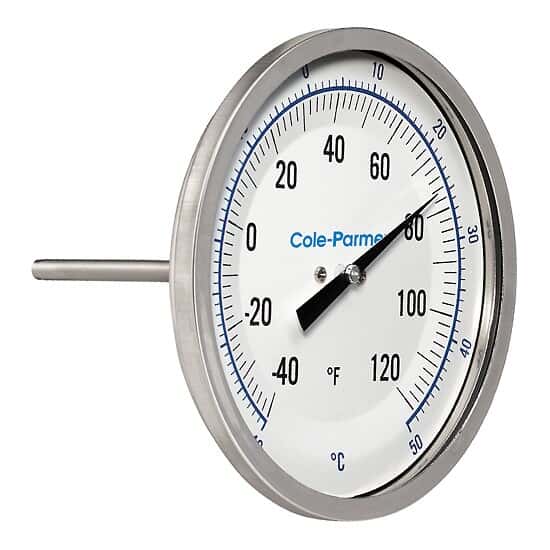 Cole-Parmer Industrial Bimetal Thermometer, 5” Dial, Back Connect,  4” Stem, -40/120F & -40/50C