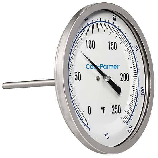 Cole-Parmer Industrial Silicone-Filled Bimetal Thermometer, 5” Dial, Back Connection, 6” Stem, 0/250F & -20/120C
