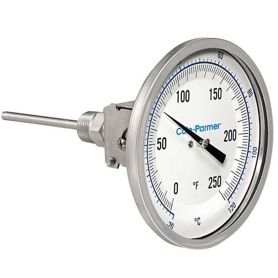 Cole-Parmer Industrial Bimetal Thermometer, 5” Dial, Adjustable Angle, 4” Stem, 0-250°F (-20-120°C)