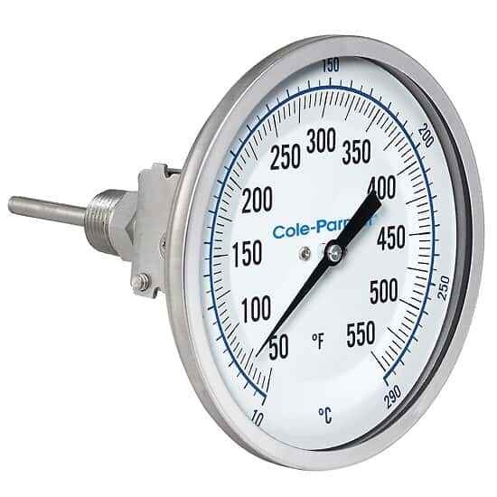 ColeParmer Industrial Silicone Filled Bimetal Thermometer, 5” Dial