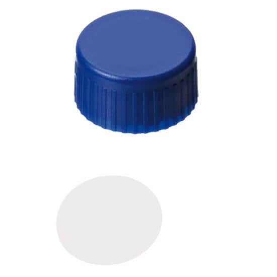 Cole-Parmer  Short Thread Cap, 9mm, Closed Blue Polypropylene, PTFE Septa; 1000/pk
