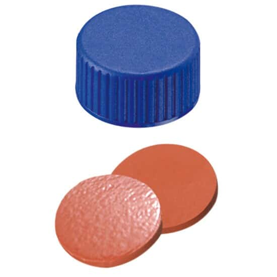Cole-Parmer  Short Thread Cap, 9mm, Closed Blue Polypropylene, Rubber/PTFE Septa; 1000/pk