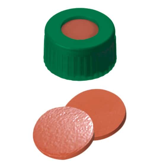 Cole-Parmer  Short Thread Cap, 9mm, Open Green Polypropylene, Rubber/TEF Septa; 1000/pk