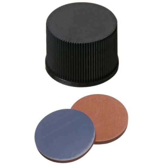 Cole-Parmer Screw Cap, Polypropylene, Black, 15 mm, Closed, Red Butyl/Grey PTFE Septa; 1000/pk
