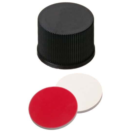 Cole-Parmer Screw Cap, Polypropylene, Black, 15 mm, Closed, Silicone/Red PTFE Septa;  1000/pk