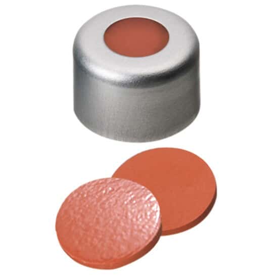 Cole-Parmer Silver Aluminum Crimp Cap, 8 mm Dia., PTFE/Silicone/PTFE Septum w/Hole; 1000/PK