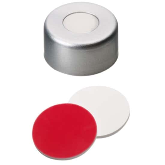 Cole-Parmer Silver Aluminum Crimp Cap, 8 mm Dia., UltraClean™, Silicone/PTFE Septum w/Hole; 1000/PK
