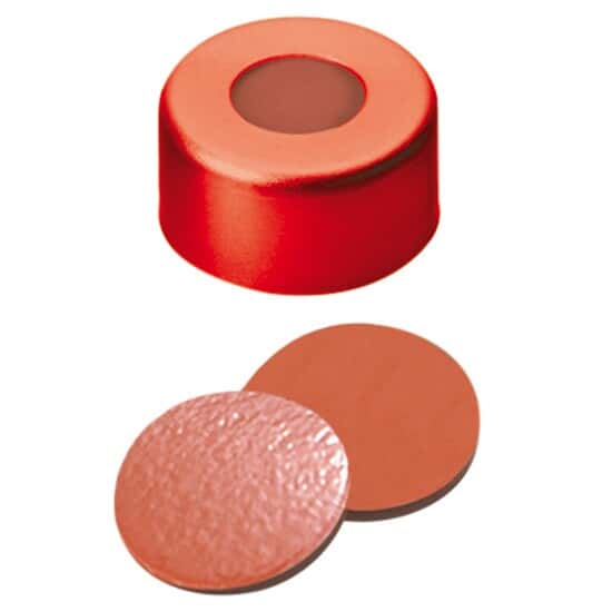 Cole-Parmer Red Aluminum Crimp Cap, 11 mm Dia., Rubber/Butyl/TEF Septum w/Hole; 1000/PK