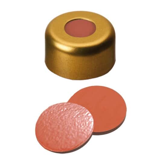 Cole-Parmer Gold Aluminum Crimp Cap, 11 mm Dia., Rubber/Butyl/TEF UltraClean™ Septum w/Hole; 1000/PK