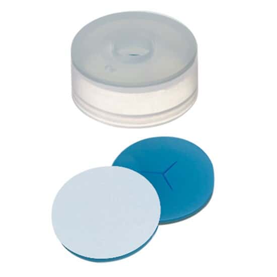 Cole-Parmer Snap Cap, Polyethylene, Transparent, 22 mm, Pre-Slit Blue Transparent Silicone/White PTFE Septa; 1000/pk