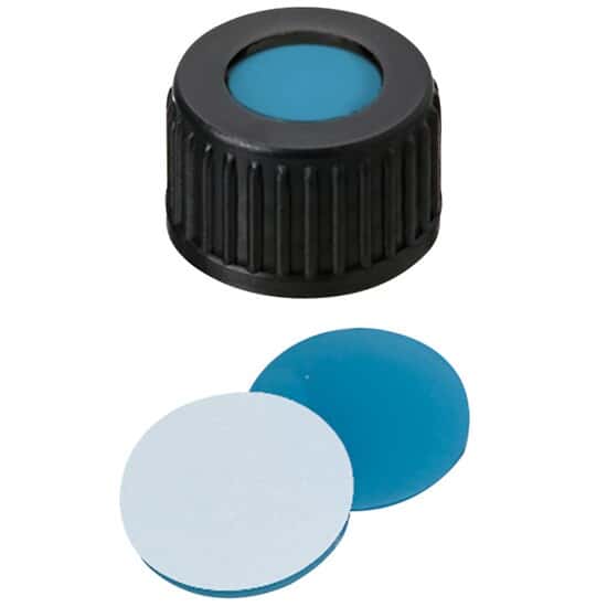 Cole-Parmer Screw Cap, Polypropylene, Black, 18 mm, Transparent Blue Silicone/White PTFE Septa; 1000/pk
