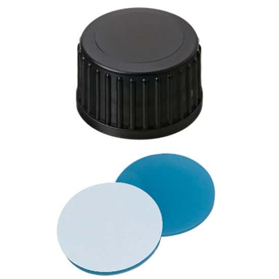 Cole-Parmer Screw Cap, Polypropylene, Black, 18 mm, Closed, Transparent Blue Silicone/White PTFE Septa; 1000/pk