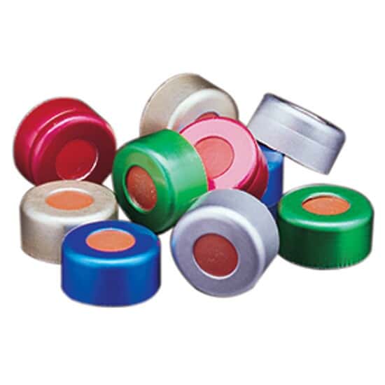 Cole-Parmer Vial Cap, Seal, Aluminum, Blue, PTFE/Red Rubber Liner, 11 mm; 100/Pk