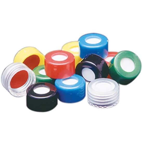 Cole-Parmer Vial Cap, Preassembled Screw Closure, Blue, PTFE/Silicone Liner, 9 mm; 100/Pk