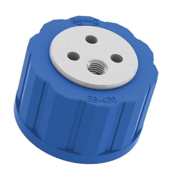 Diba Omnifit® T-Series Solvent Bottle Cap, GL38/38-430 (glass), 3 Luer Ports and 1 Venting Port, Blue