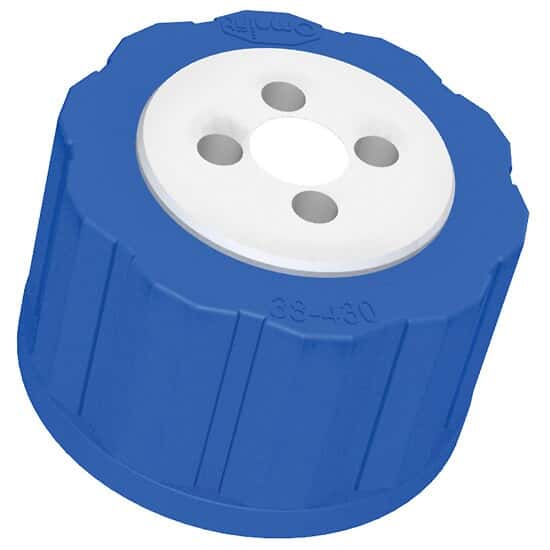 Diba Omnifit® T-Series Solvent Bottle Cap, GL38/38-430 (glass), 4 Luer Ports with Valve