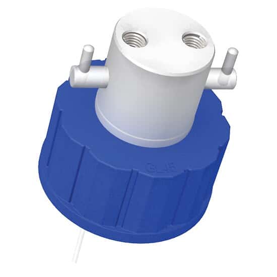 Diba Omnifit® Q-Series Solvent Bottle Cap, GL45, 2 UNF(F) Ports w/ Valves, Blue