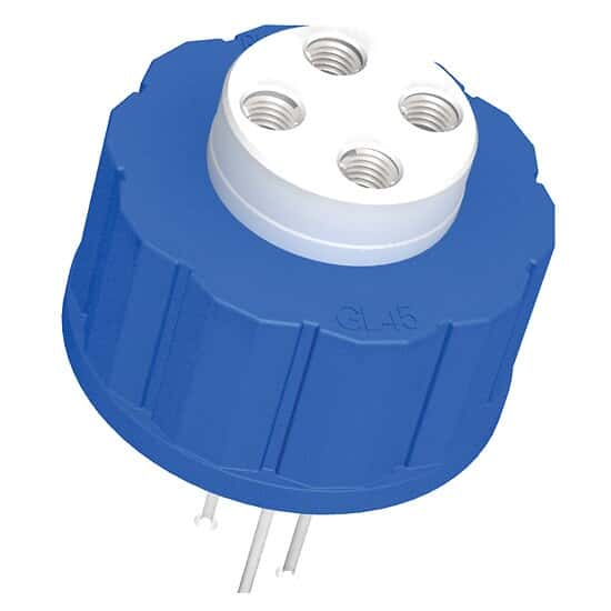 Diba Omnifit® Q-Series  Solvent Bottle Cap, GL45, 4 UNF(F) Ports w/o Valves, Blue