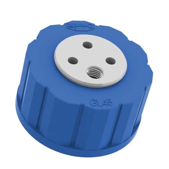 Diba Omnifit® T-Series Solvent Bottle Cap, GL45, 3 Luer Ports and 1 Venting Port, Blue