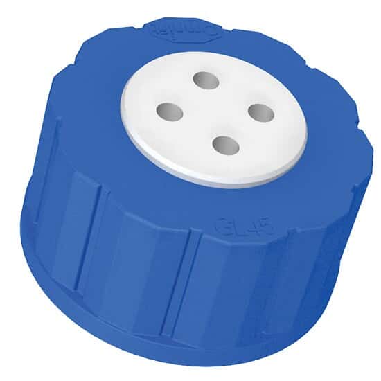 Diba Omnifit® T-Series Solvent Bottle Cap, GL45, 4 Luer Ports with Valve, Blue