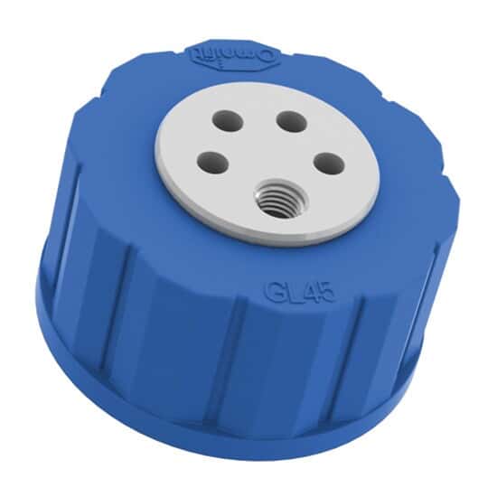 Diba Omnifit® T-Series Solvent Bottle Cap, 53B, 4 Luer Ports and 1 Venting Port, Blue