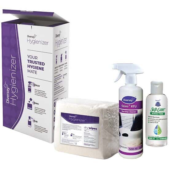 Diversey Hygienizer Kit; includes RTU spray, dry wipes, hand sanitizer