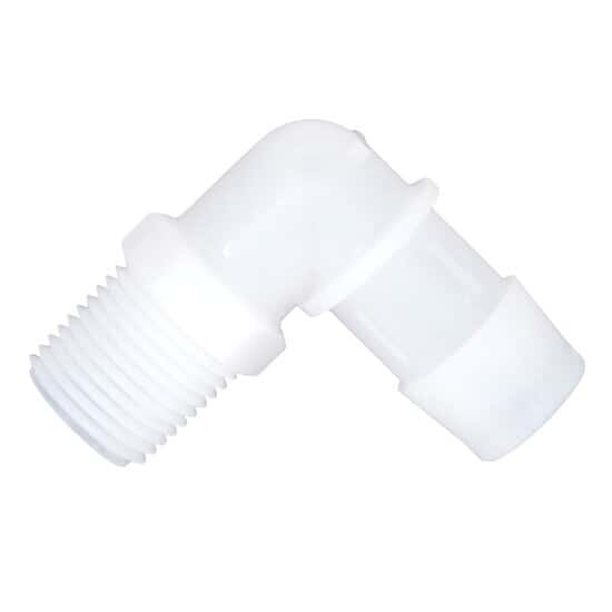 Eldon James Threaded to Hose Barb Fittings, 90° Elbow, Natural Kynar
