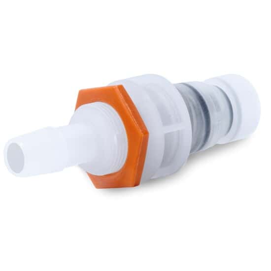 Eldon James SeriesLock® Quick-Disconnect Fitting, Hose Barb Insert, Panel Mount, Polysulfone, Valved, Silicone O-Ring, SS Spring, X-Large, 1