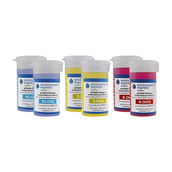 Environmental Express Oakton CERTIFIED CRM One-Shot Buffer Solution Kit, Colored, pH 4.005, 7.000, and 10.012; 6 x 100 mL Vials