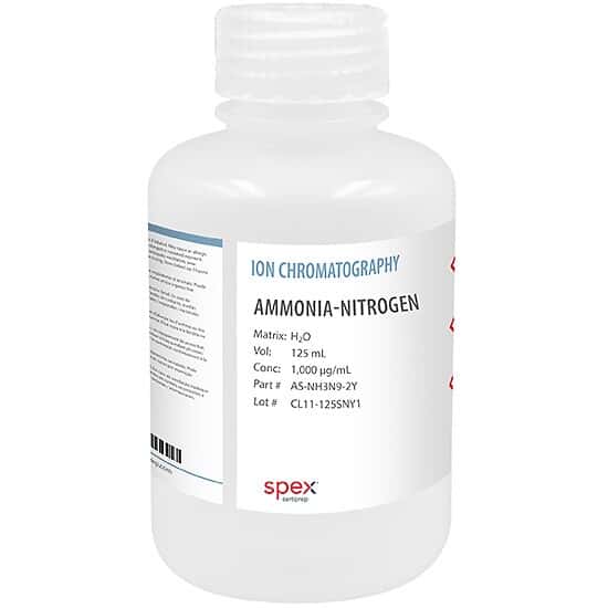 Spex AS-NH3N9-2Y Ammonia-Nitrogen Single-Element Ion Anion Standard, 1,000 µg/mL (1,000 ppm) in H2O, 125 mL