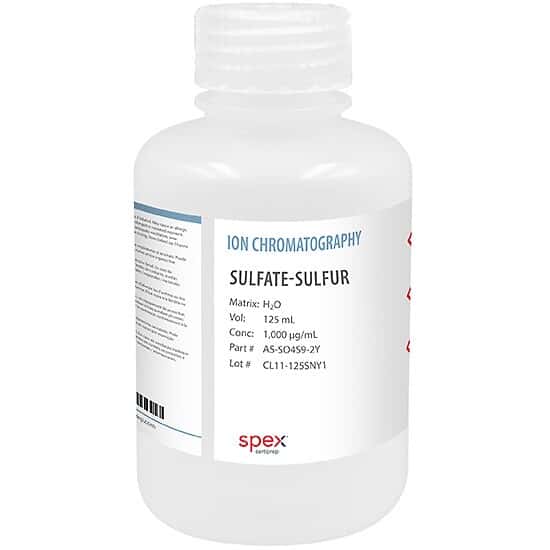 Spex AS-SO4S9-2Y Sulfate-Sulfur Single-Element Ion Anion Standard, 1,000 µg/mL (1,000 ppm) in H2O, 125 mL