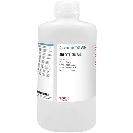 Spex AS-SO4S9-2X Sulfate-Sulfur Single-Element Ion Anion Standard, 1,000 µg/mL (1,000 ppm) in H2O, 500 mL