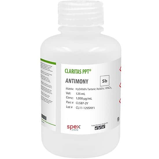 Spex CLSB7-2Y Claritas PPT® Grade Antimony, 1,000 µg/mL for ICP-MS in H2O/0.6% Tartaric Acid/tr. HNO3; 125 mL