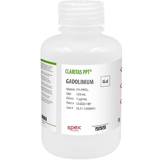 Spex CLGD2-1BY Claritas PPT® Grade Gadolinium, 1 µg/mL in 2% HNO3; 125 mL
