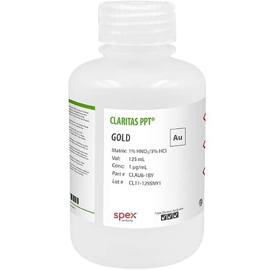 Spex CLAU6-1BY Claritas PPT® Grade Gold, 1 µg/mL for ICP-MS in 1% HNO3/3% HCl; 125 mL